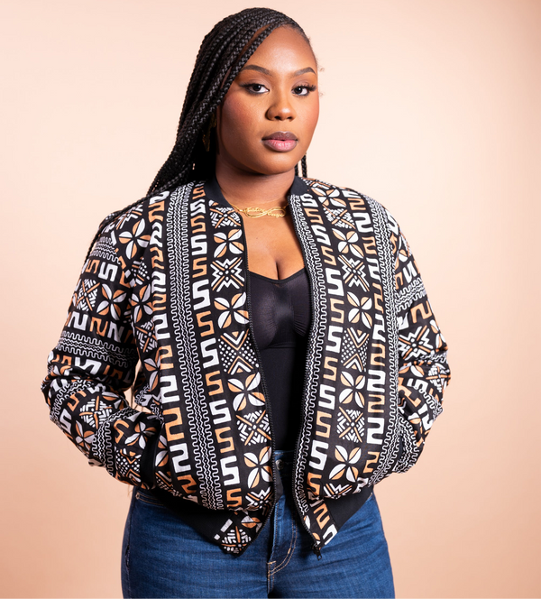 Assie African Print Bomber Jacket - Handcrafted in Senegal (Black and White) - Gaarmi
