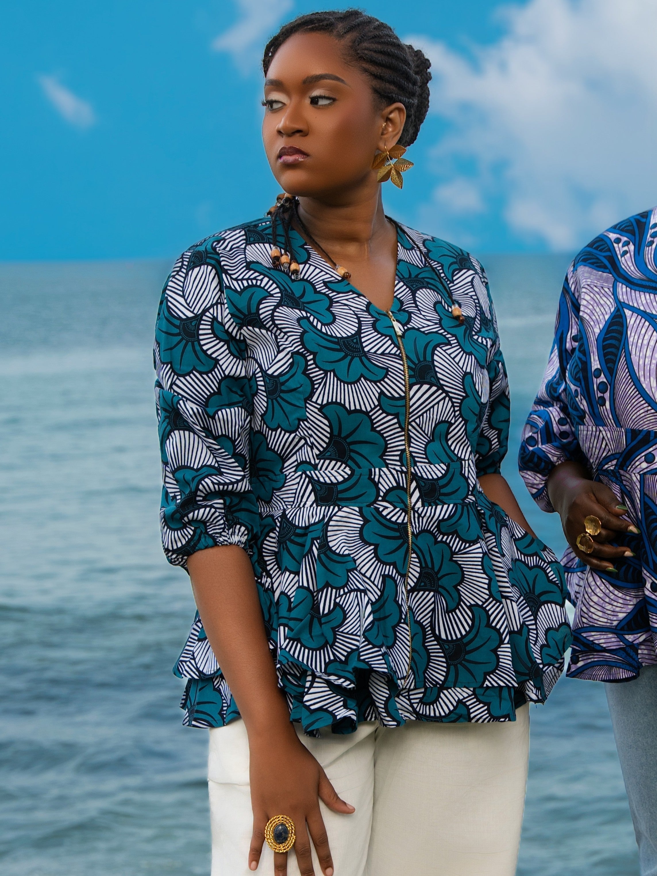 Sokhna African Print Zip-Front Peplum Top – Teal
