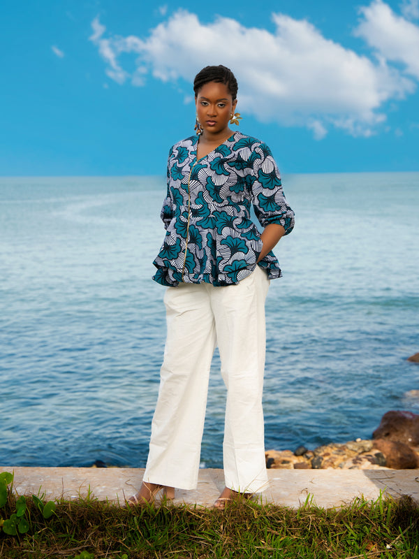 Sokhna African Print Zip-Front Peplum Top – Teal - Gaarmi