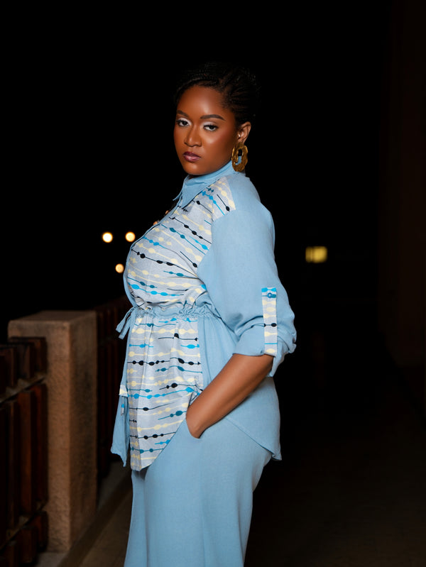 Oumy Linen Shirt & Wide-Leg Pants Set – Sky Blue - Gaarmi