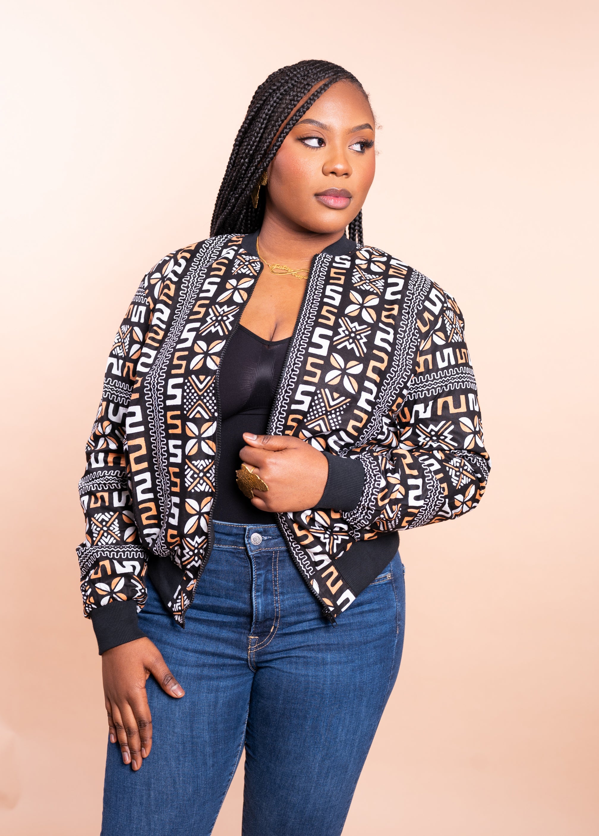 Assie African Print Bomber Jacket - Handcrafted in Senegal (Black and White) - Gaarmi