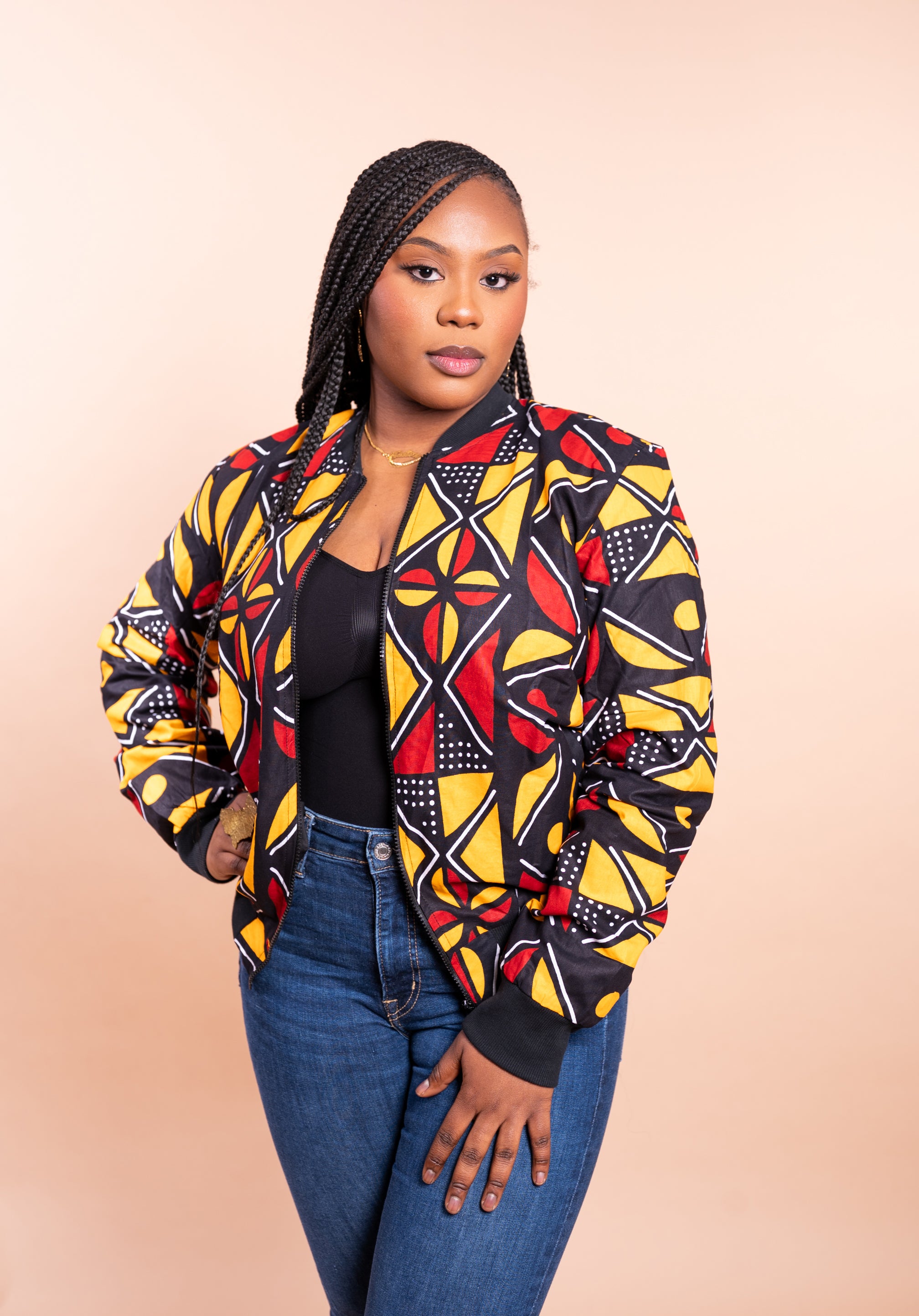 Assie African Print Bomber Jacket - Handcrafted in Senegal (Black and Yellow) - Gaarmi