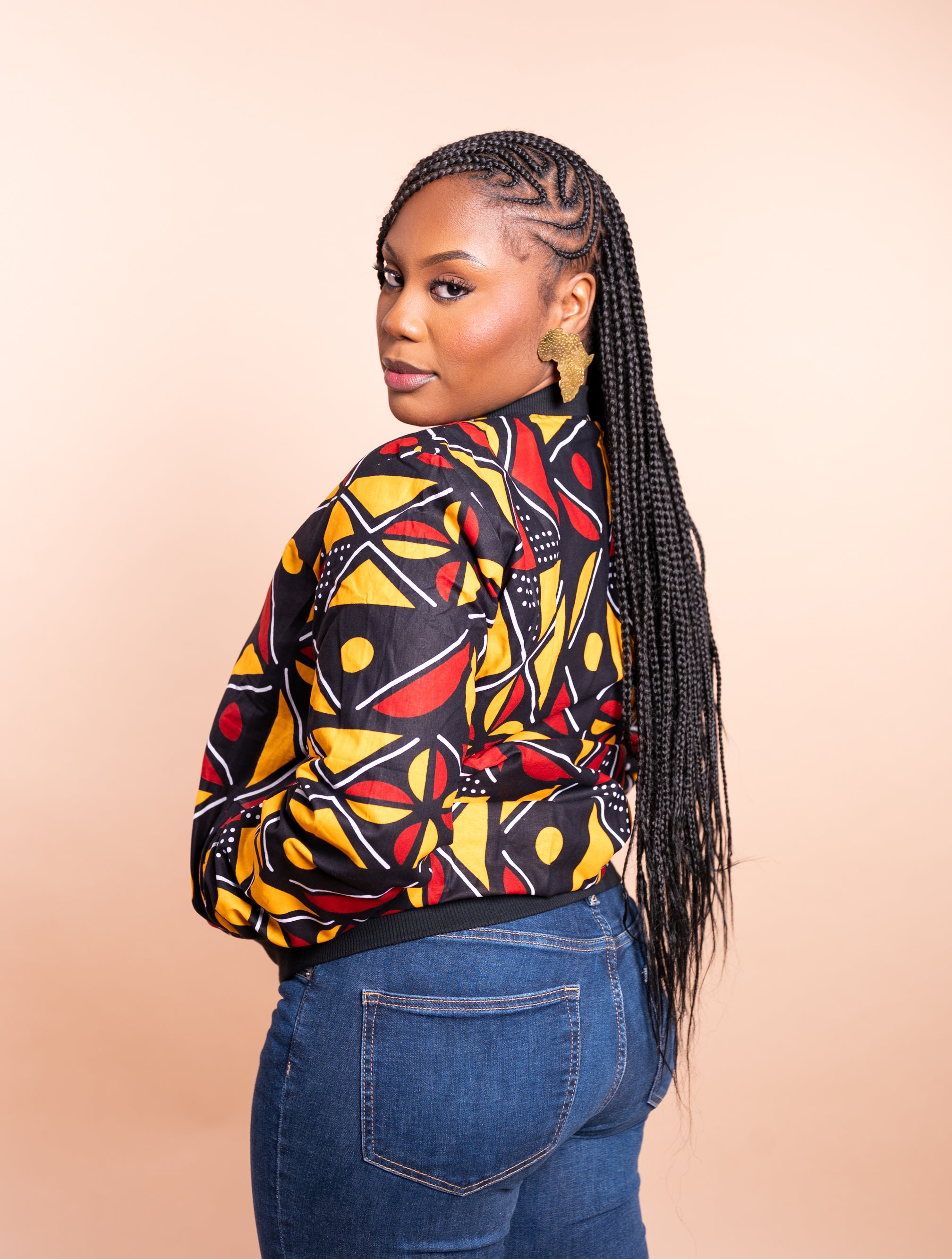 Assie African Print Bomber Jacket - Handcrafted in Senegal (Black and Yellow) - Gaarmi