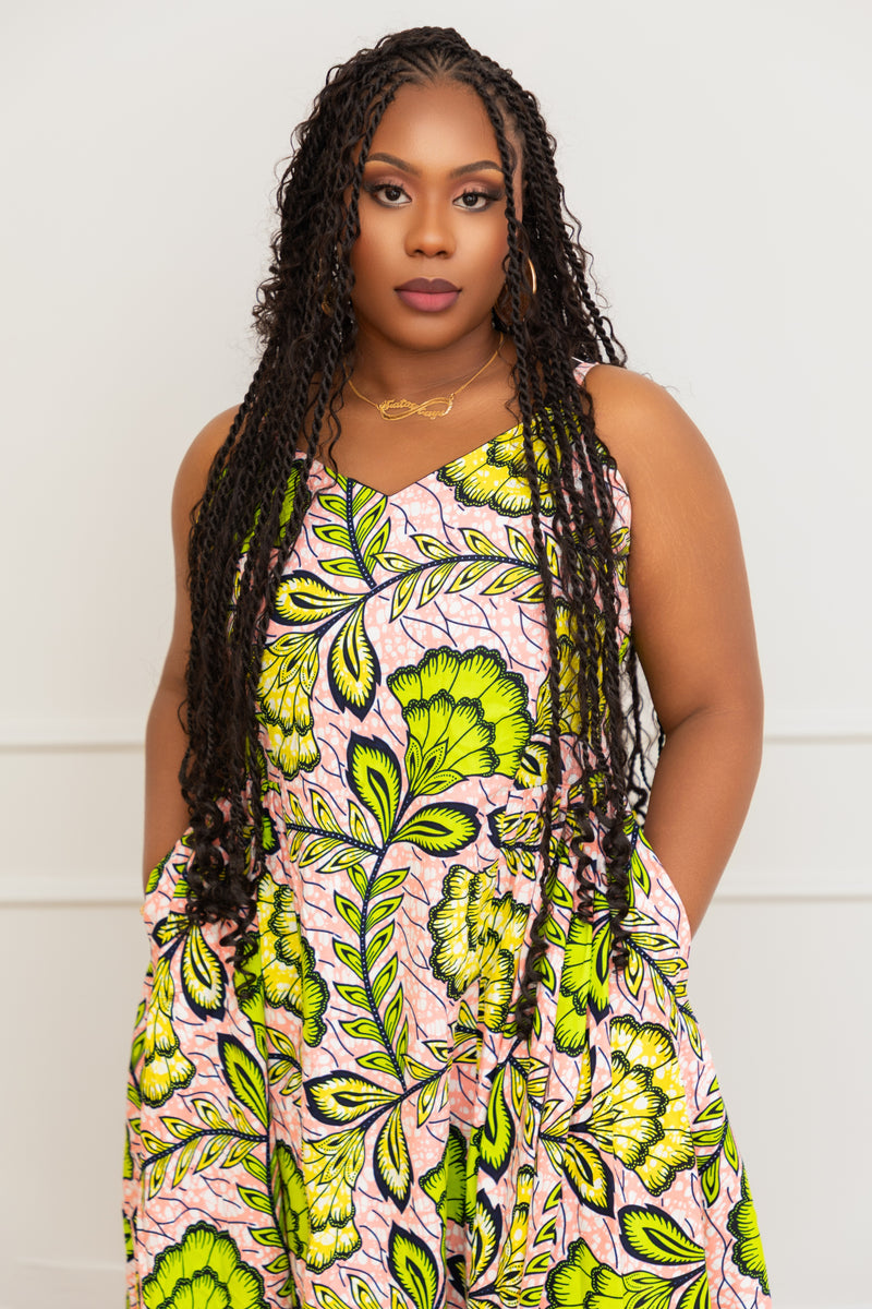 KHADY AFRICAN PRINT MAXI DRESS (Green & Pink Floral) - Gaarmi KHADY AFRICAN PRINT MAXI DRESS (Green & Pink Floral) - Gaarmi