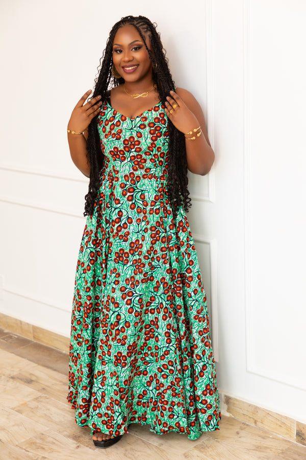 KHADY AFRICAN PRINT MAXI DRESS (Cherry Lime) - Gaarmi