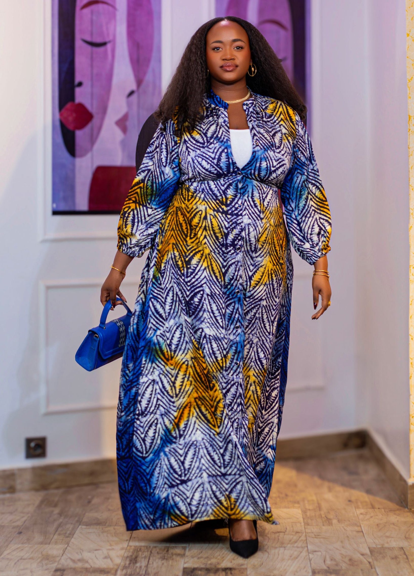 Wurus Blue & Yellow African Print Maxi Shirt Dress - Gaarmi