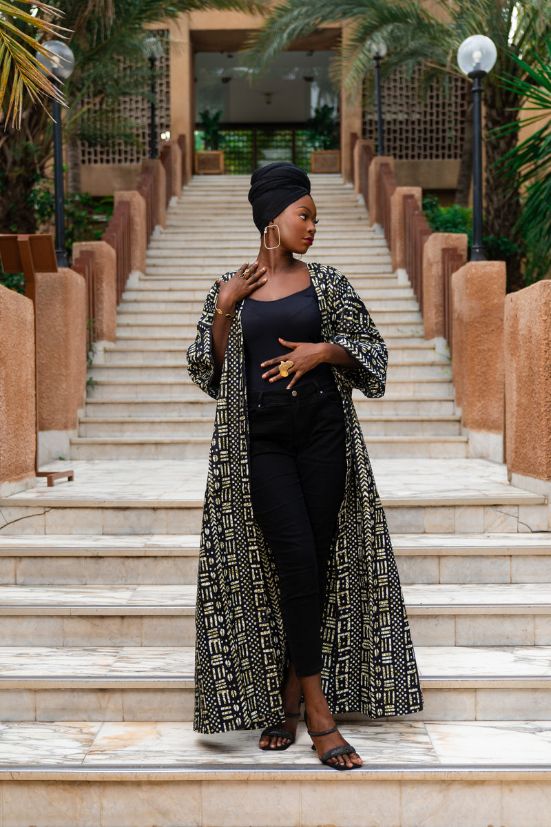 Aicha African Print Bogolan Kimono (Black) Gaarmi