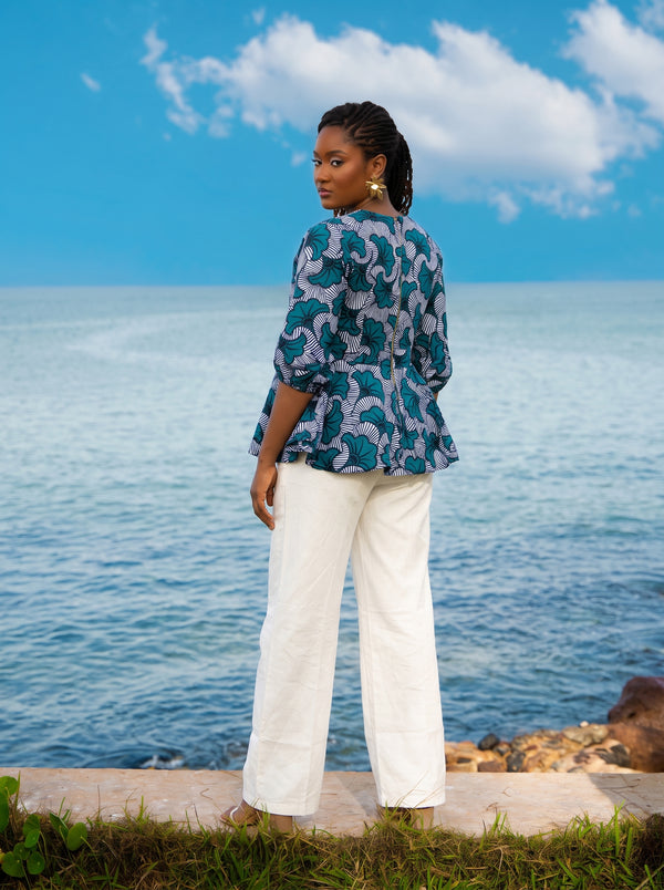 Sokhna African Print Zip-Front Peplum Top – Teal - Gaarmi