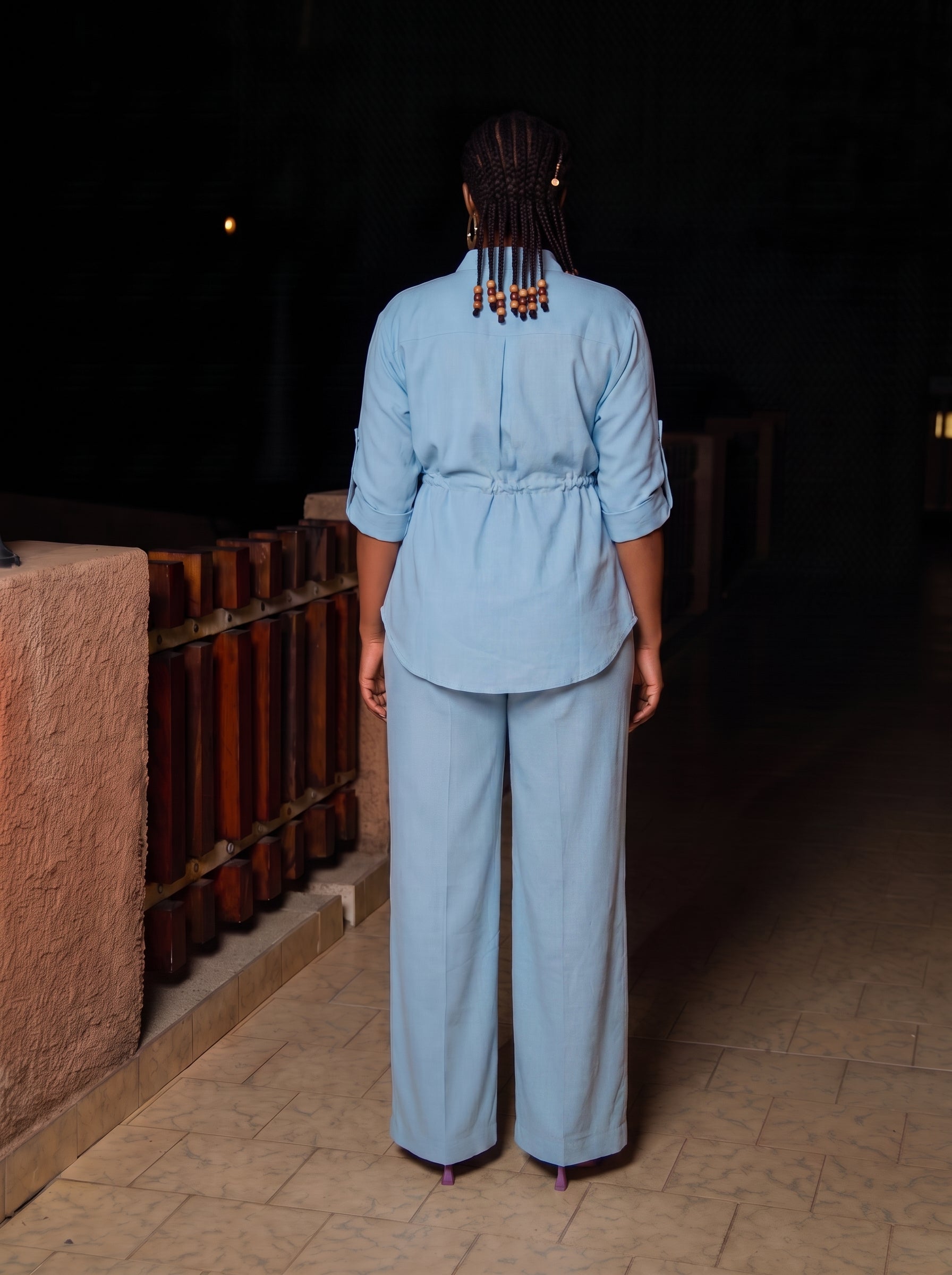 Oumy Linen Shirt & Wide-Leg Pants Set – Sky Blue