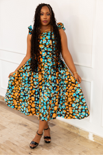 MARIAMA CORSET MIDI DRESS (Orange & Blue)