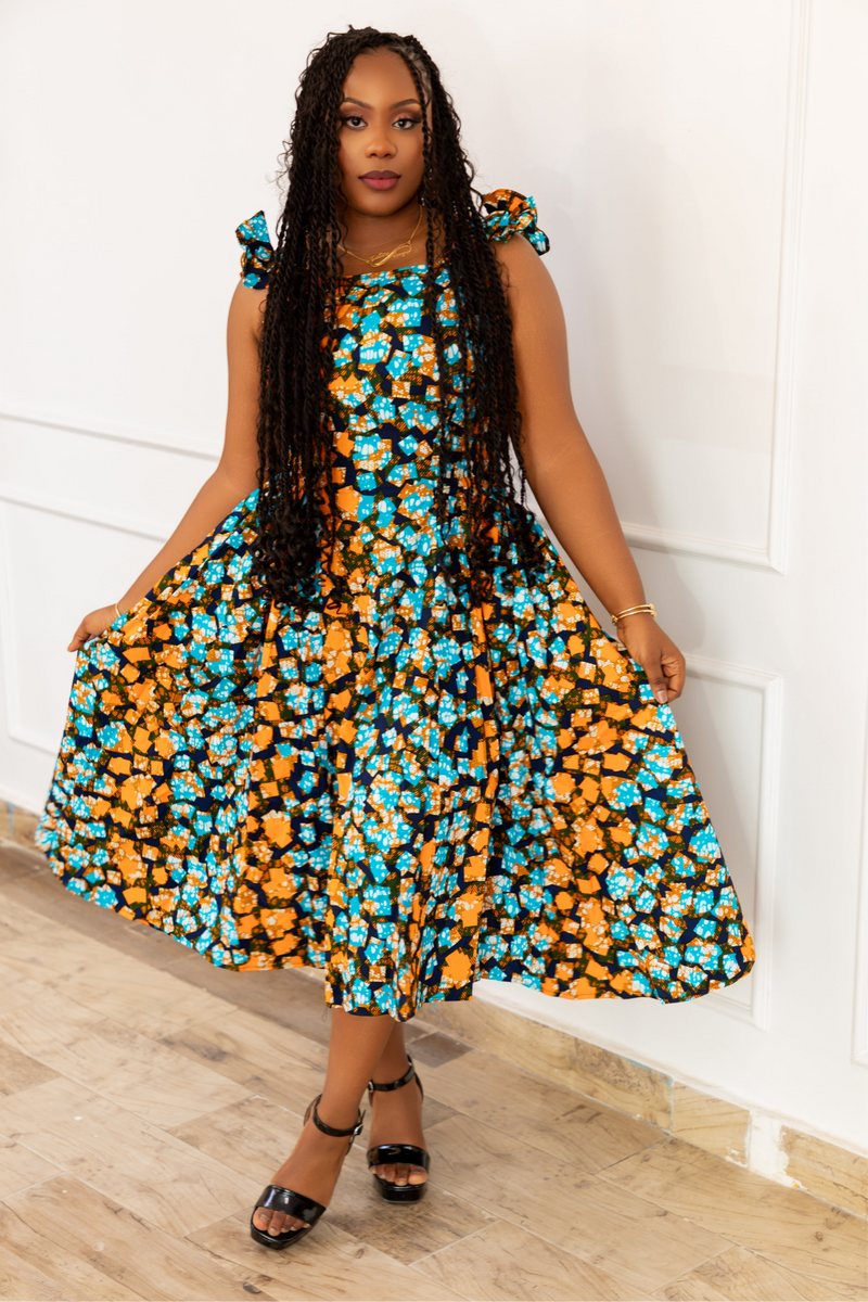 MARIAMA CORSET MIDI DRESS (Orange & Blue)