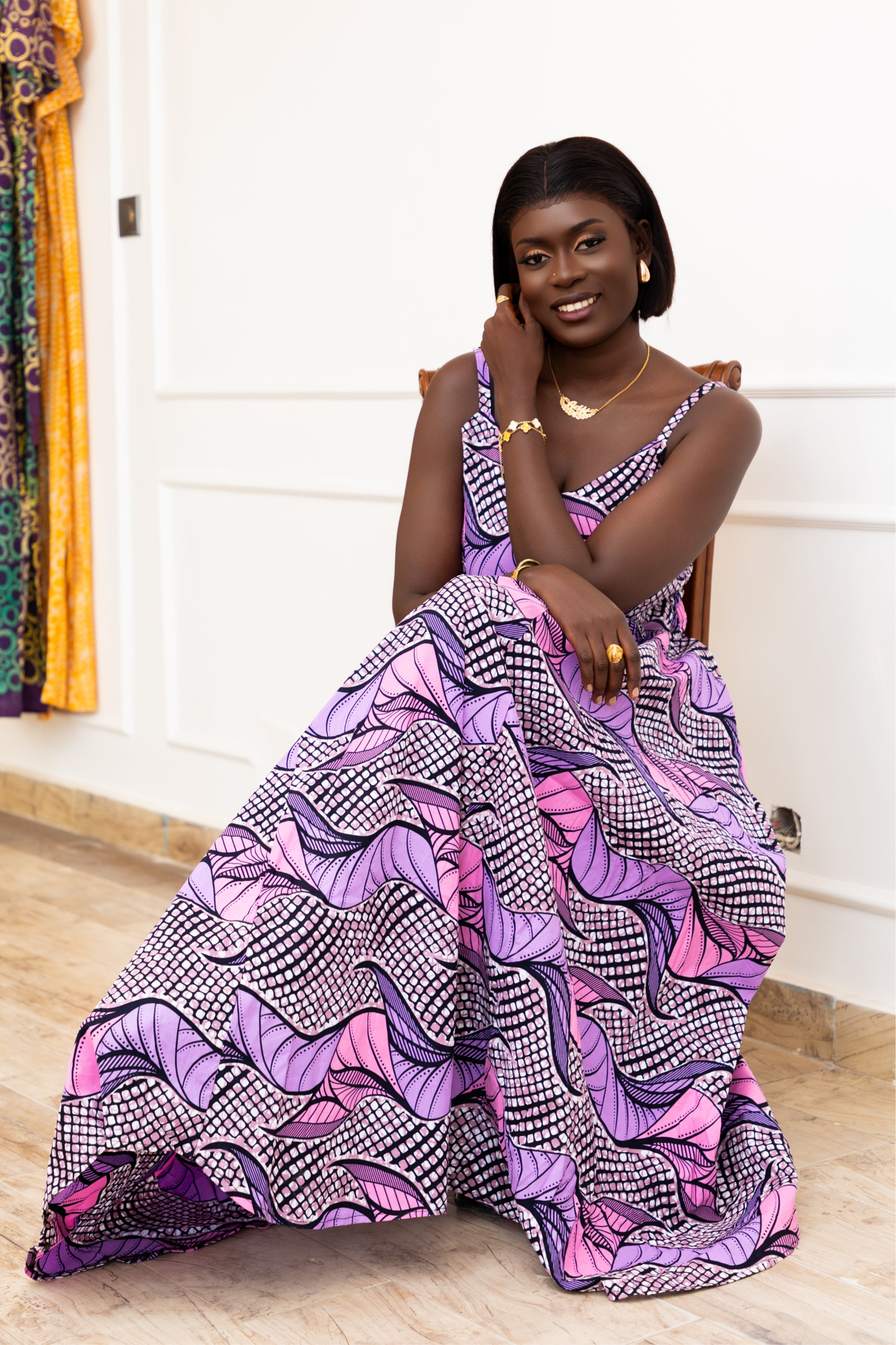 KHADY AFRICAN PRINT MAXI DRESS (Purple & Pink Geometric) - Gaarmi