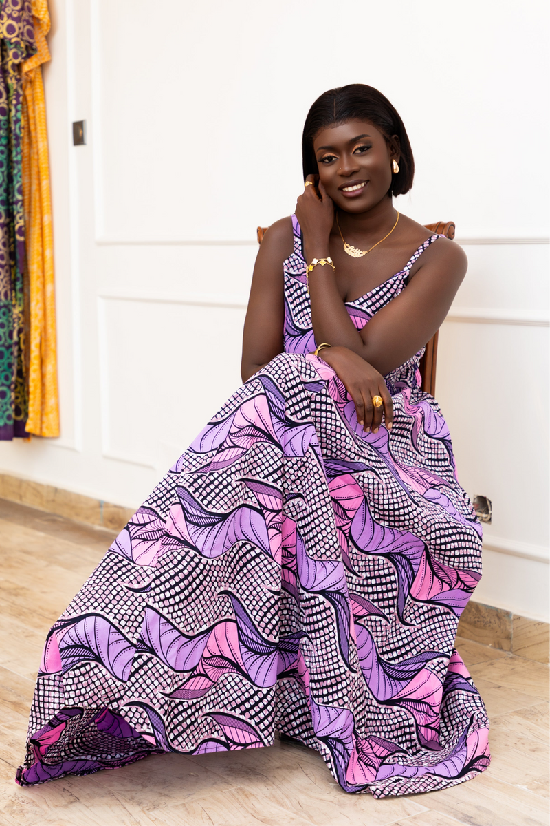 KHADY AFRICAN PRINT MAXI DRESS (Purple & Pink Geometric)