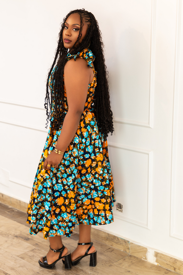 MARIAMA CORSET MIDI DRESS (Orange & Blue) - Gaarmi
