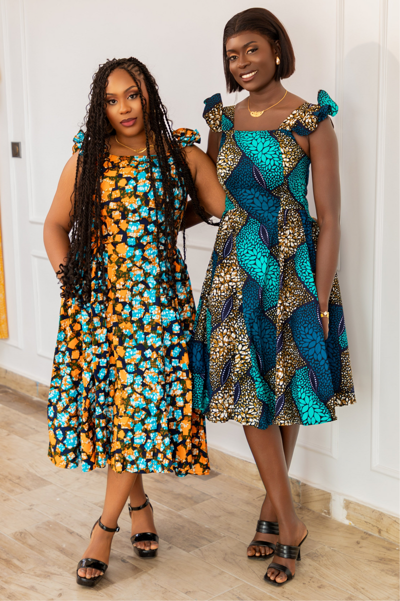 MARIAMA CORSET MIDI DRESS (Orange & Blue)