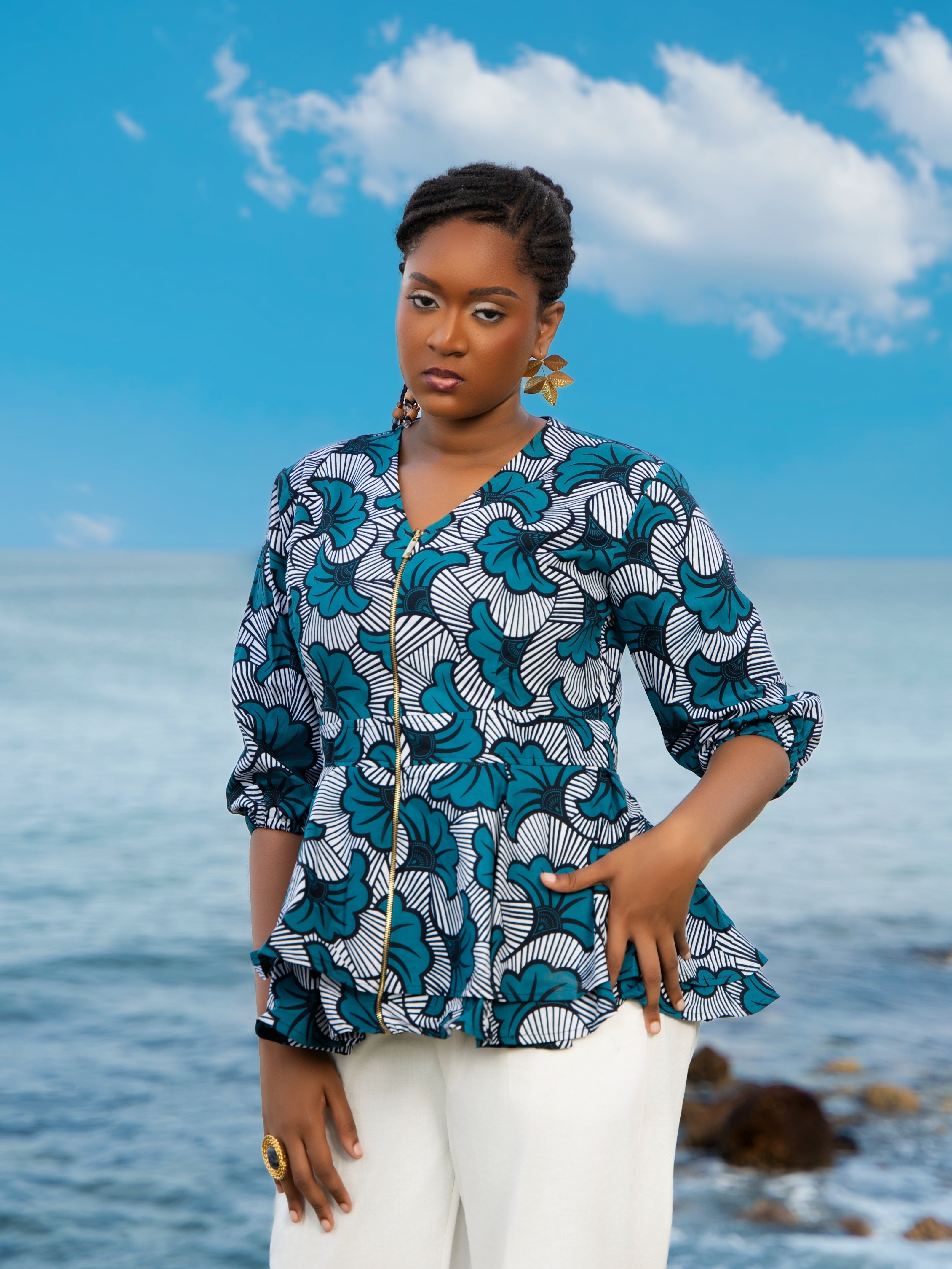 Sokhna African Print Zip-Front Peplum Top – Teal
