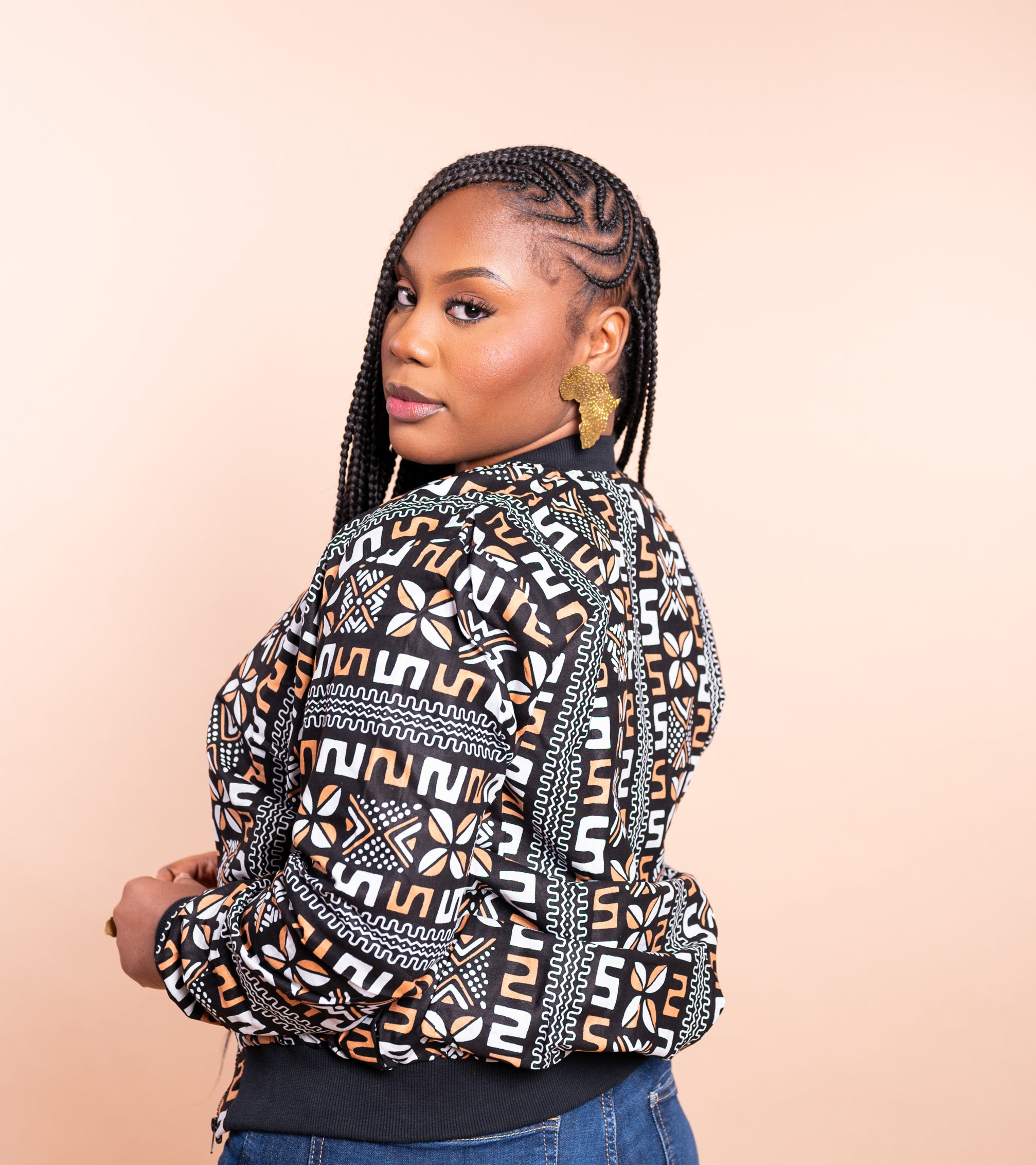 Assie African Print Bomber Jacket - Handcrafted in Senegal (Black and White) - Gaarmi