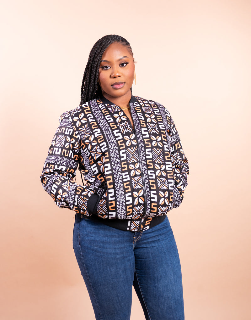 Assie African Print Bomber Jacket - Handcrafted in Senegal (Black and White)