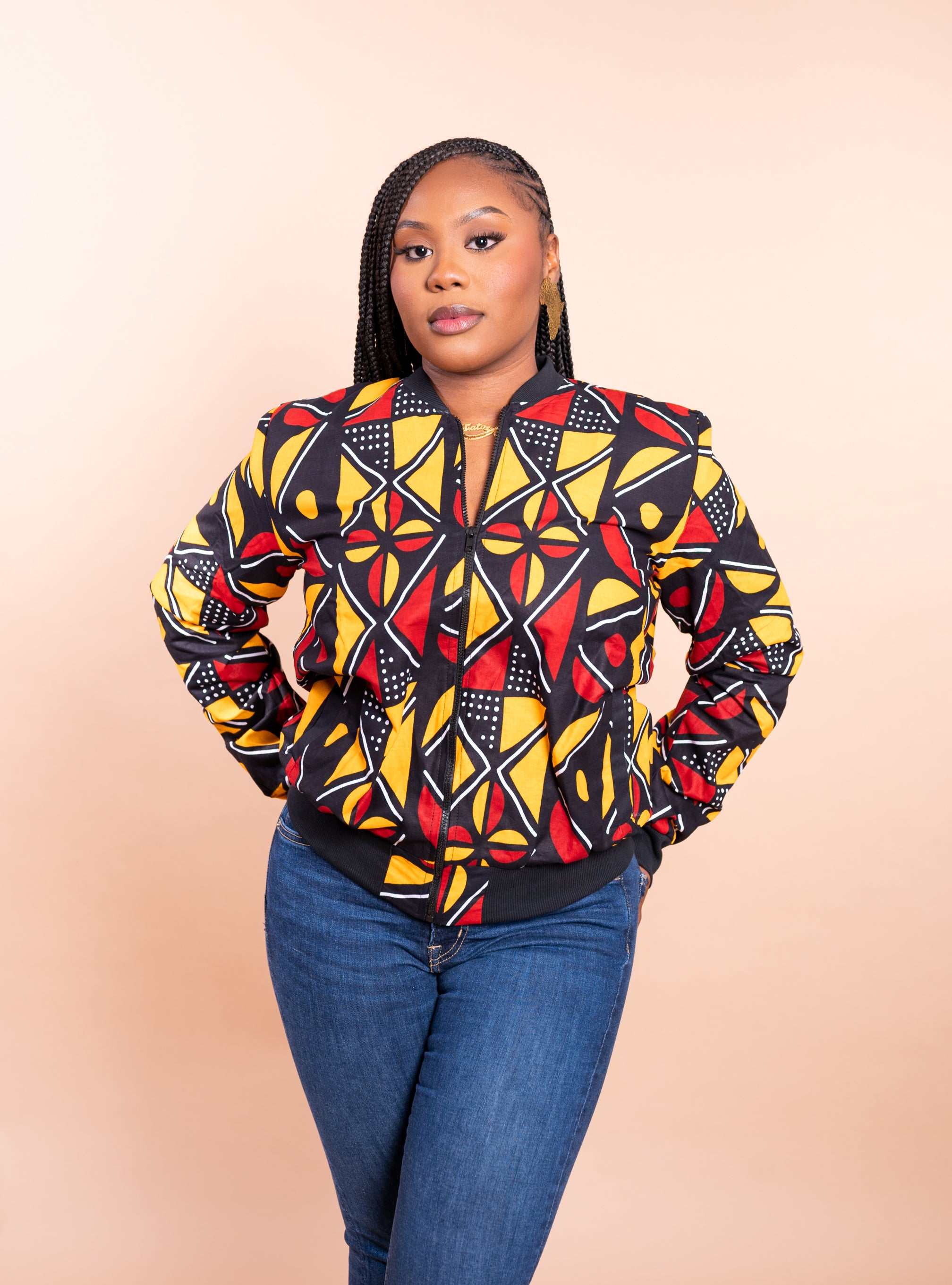 Assie African Print Bomber Jacket - Handcrafted in Senegal (Black and Yellow) - Gaarmi