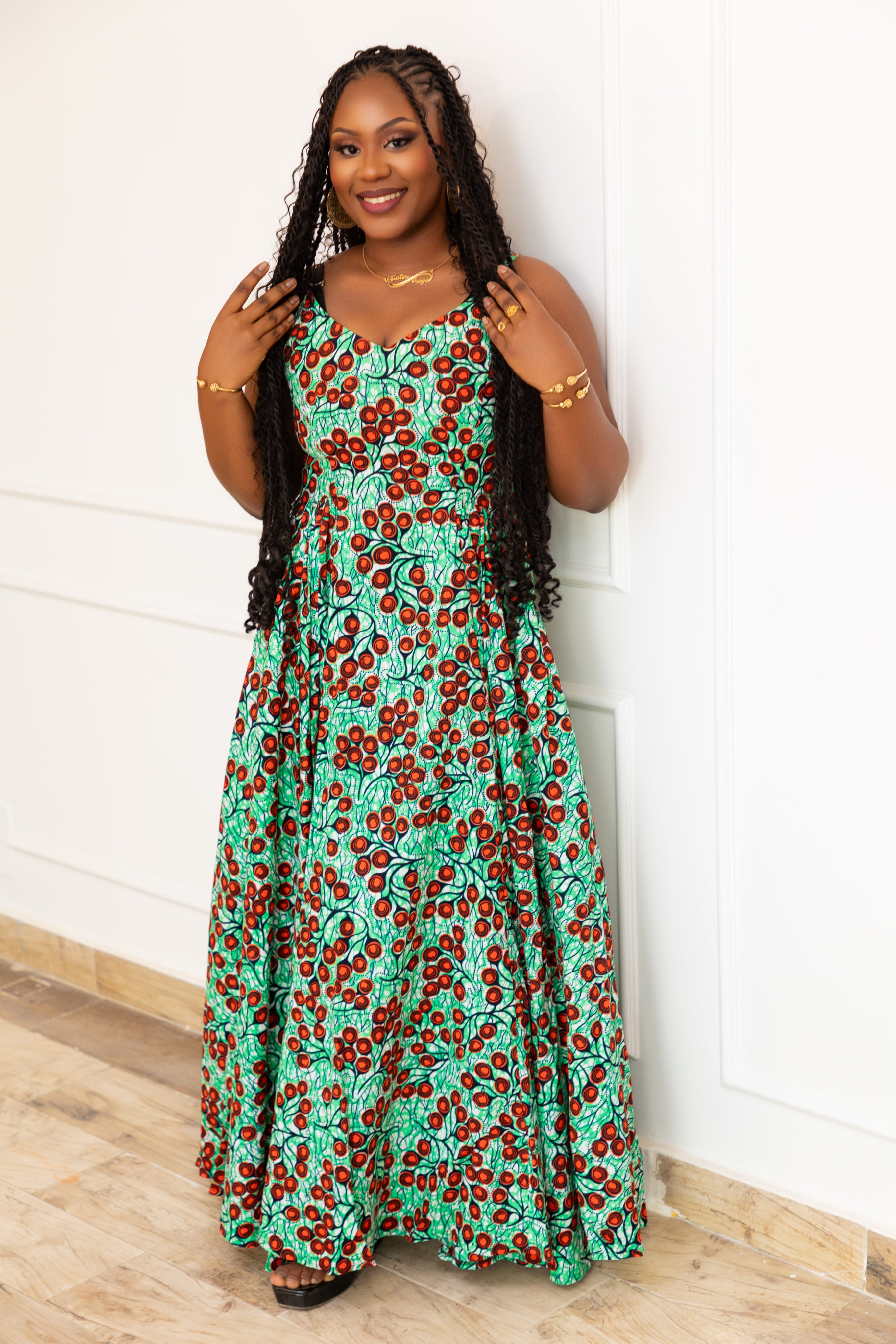 KHADY AFRICAN PRINT MAXI DRESS (Cherry Lime) - Gaarmi