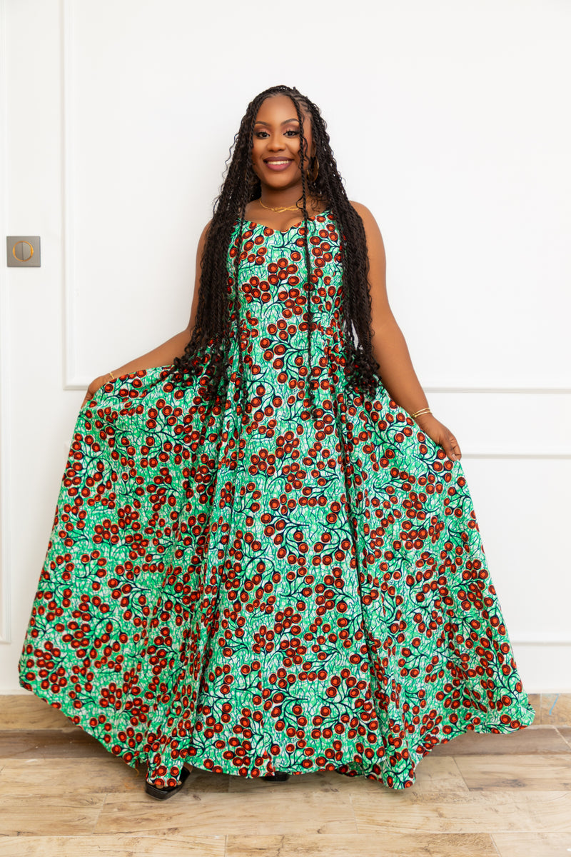 KHADY AFRICAN PRINT MAXI DRESS (Cherry Lime)