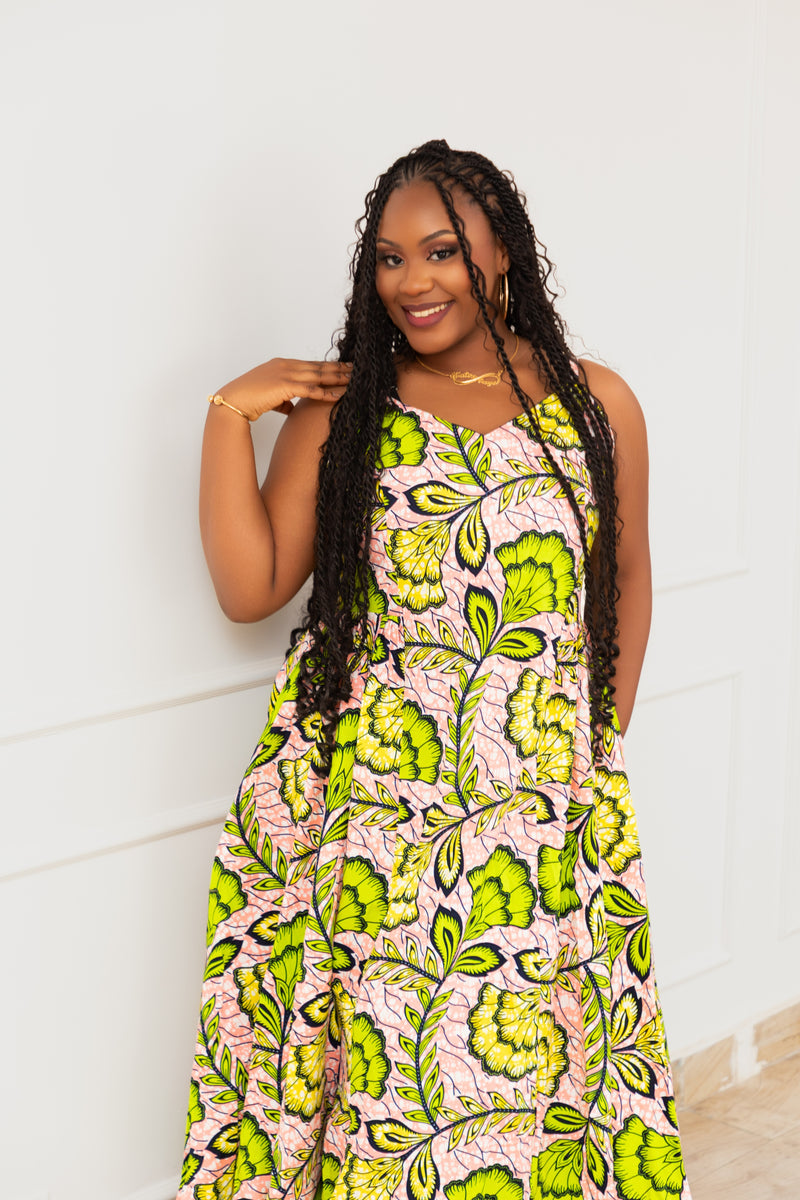 KHADY AFRICAN PRINT MAXI DRESS (Green & Pink Floral)
