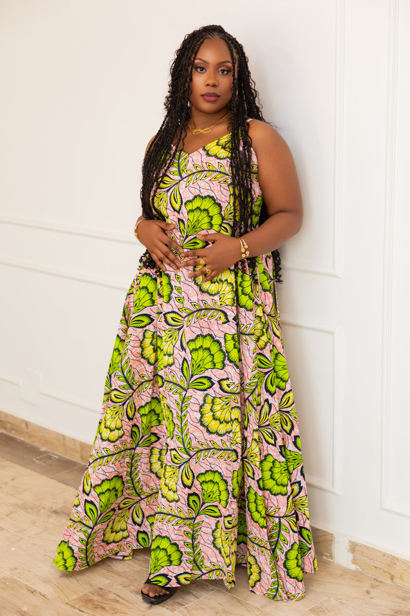 KHADY AFRICAN PRINT MAXI DRESS (Green & Pink Floral)