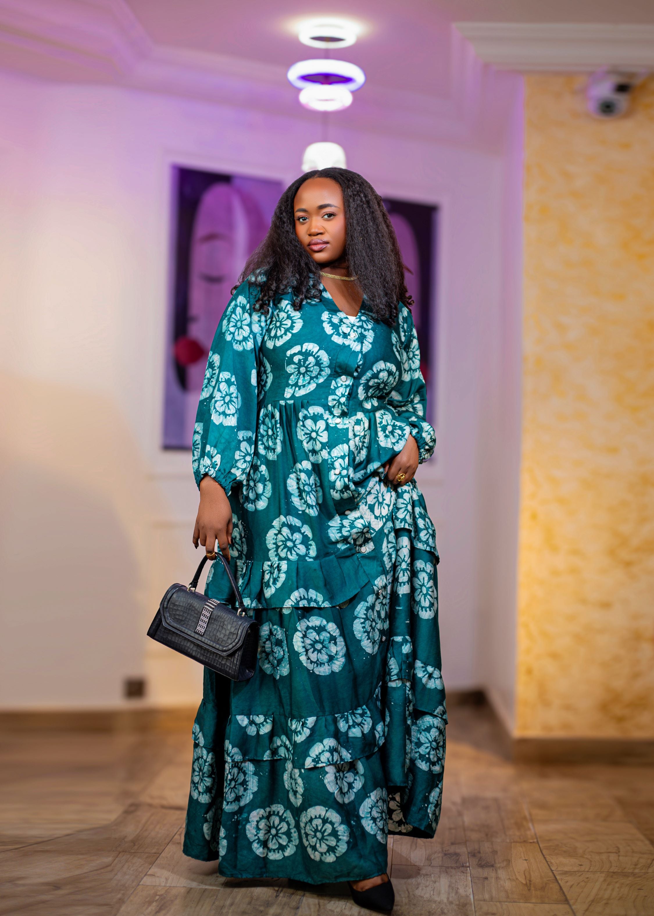 Sama Teal & White African Print Tiered Maxi Dress - Gaarmi