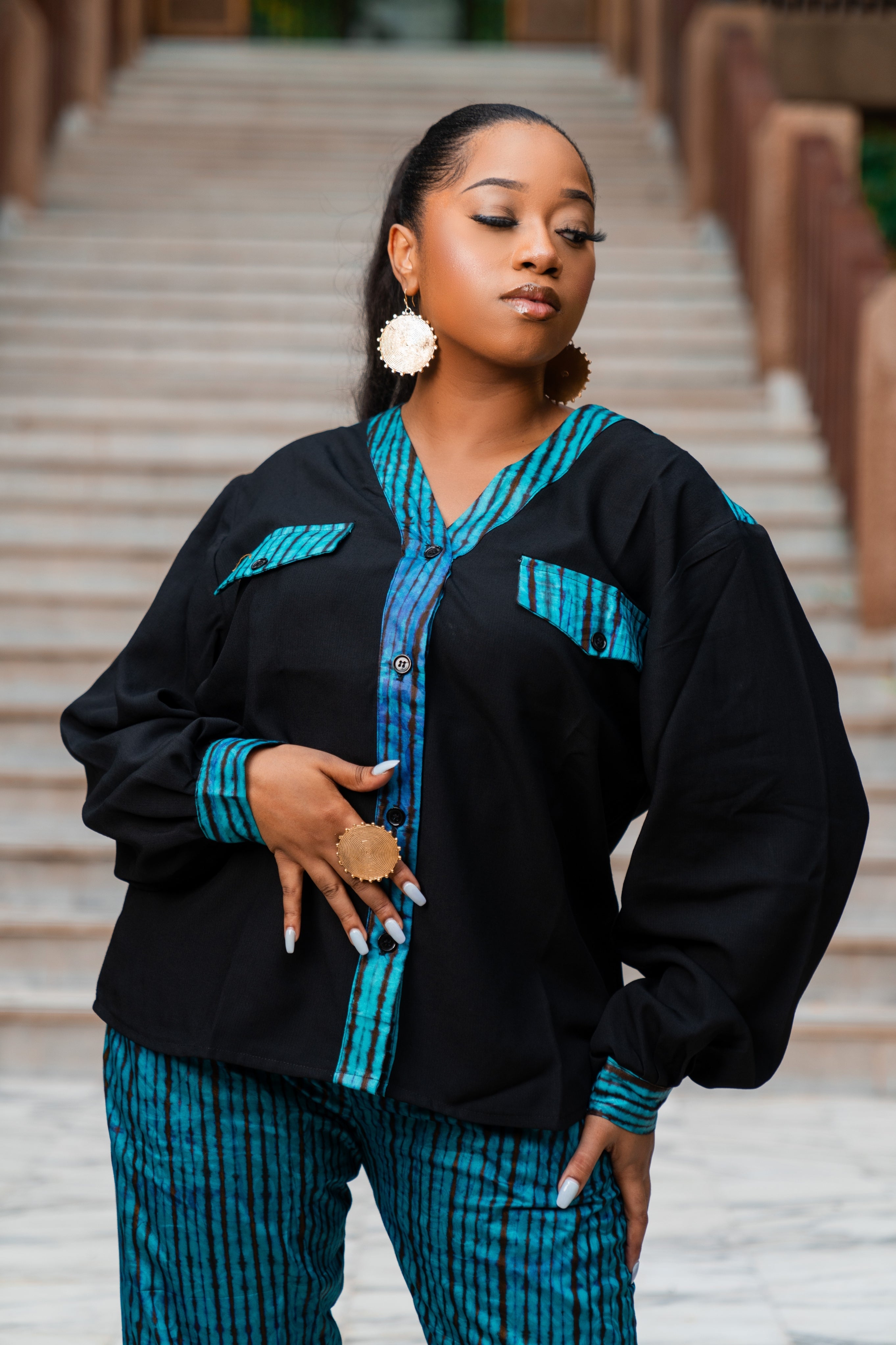 Bintou African Tie-Dye Shirt and Trouser Set (Turqouise) - Gaarmi