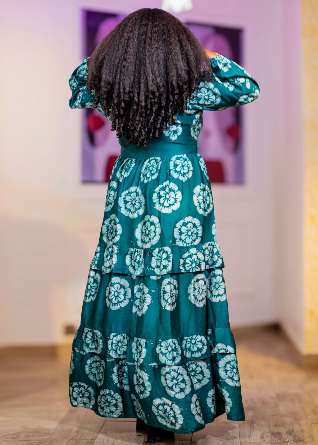 Sama Teal & White African Print Tiered Maxi Dress - Gaarmi