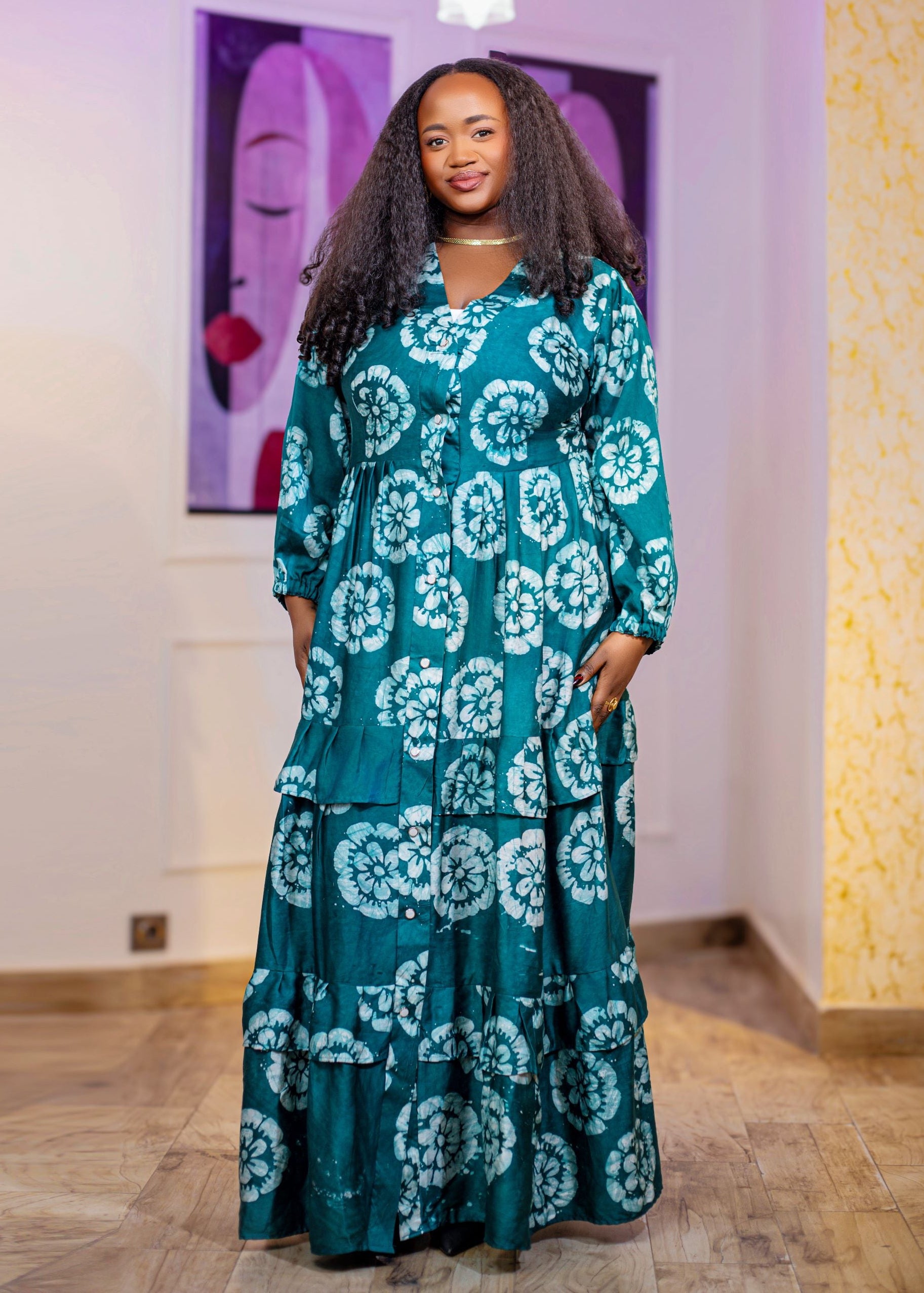 Sama Teal & White African Print Tiered Maxi Dress - Gaarmi