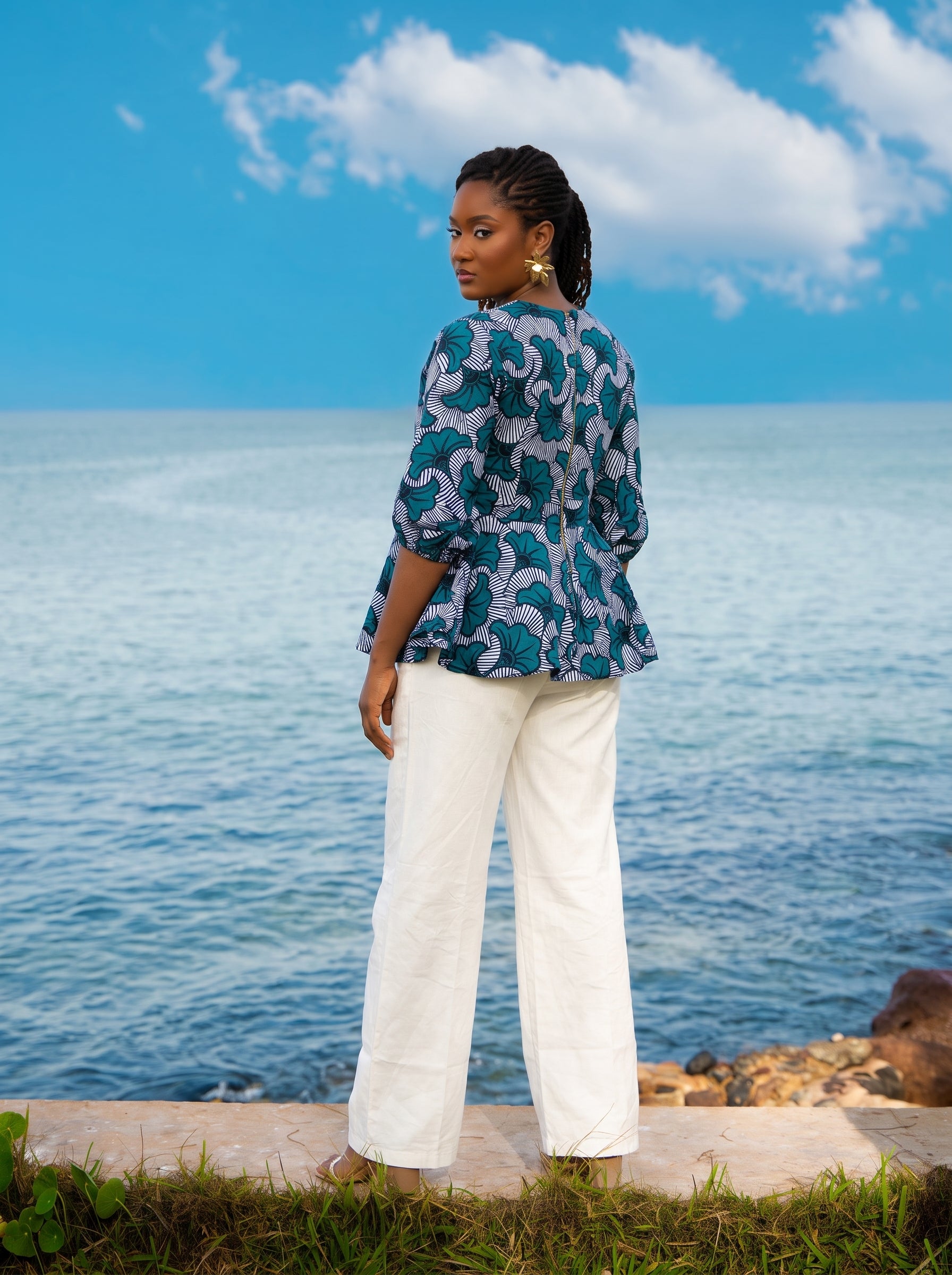 Sokhna African Print Zip-Front Peplum Top – Teal