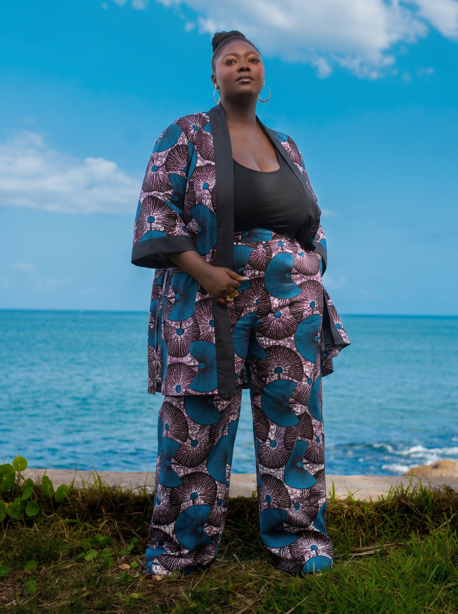 Nafi African Print Kimono & Wide-Leg Pants Set