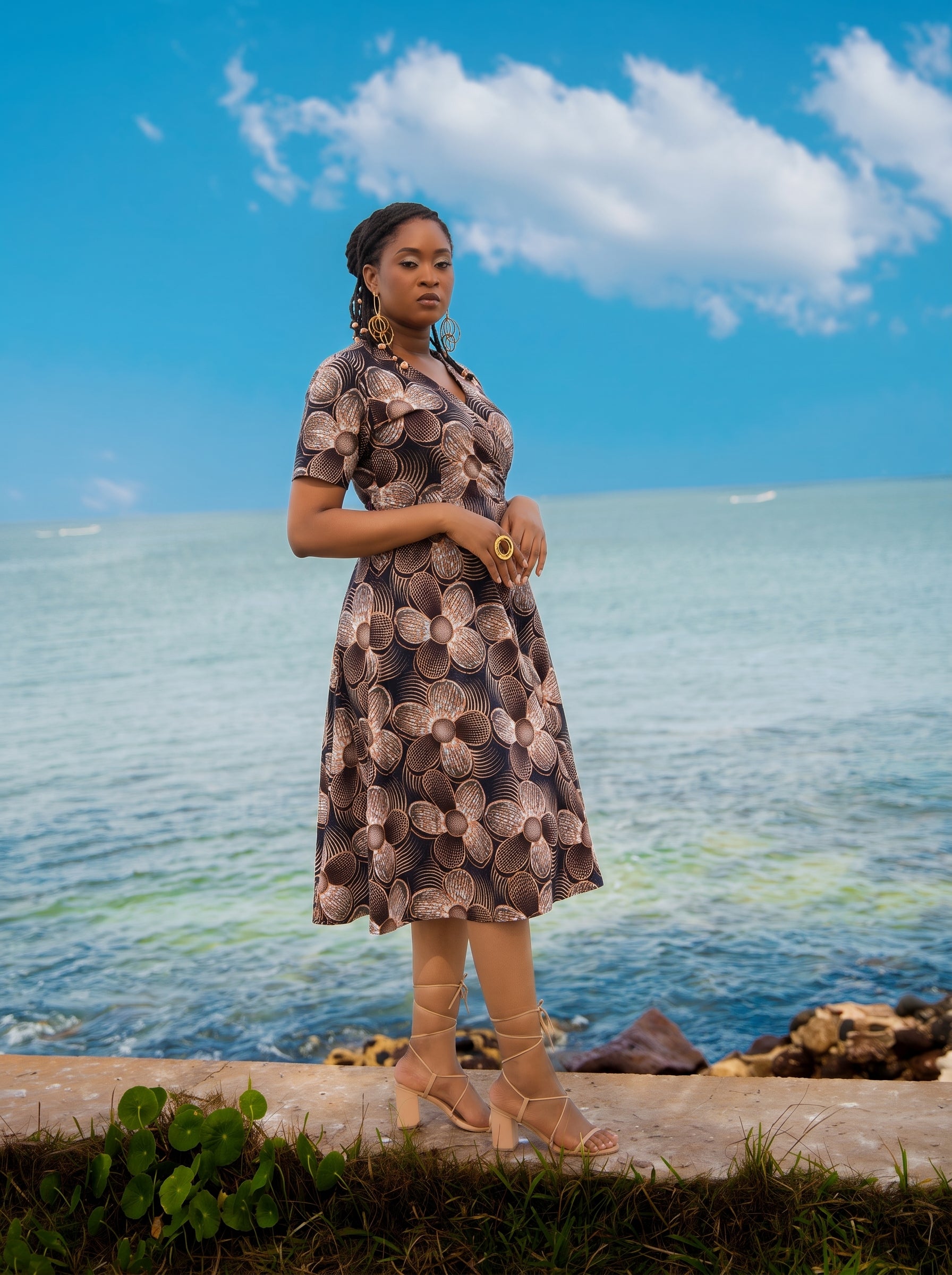 Adja African Print Fit-and-Flare Midi Dress